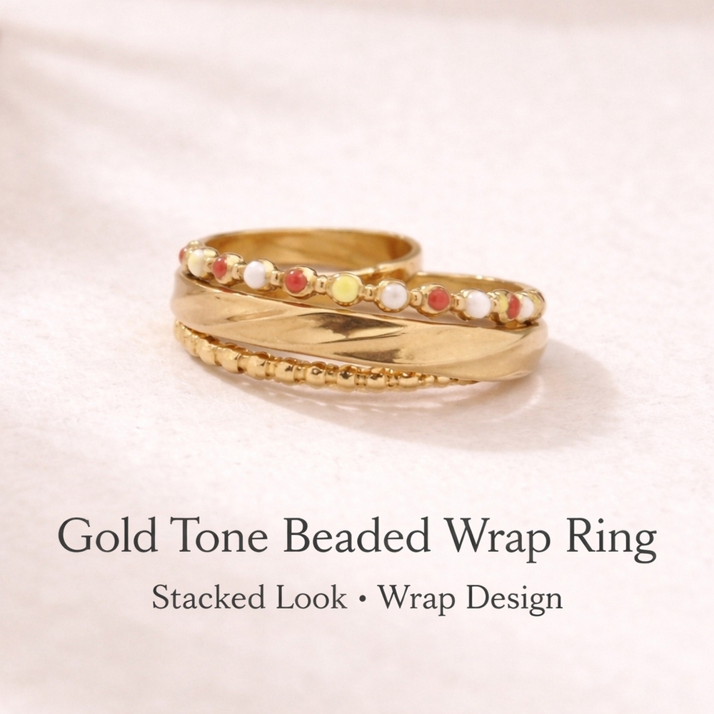 Gold Tone Beaded Wrap Ring – Red White Yellow Stackable Boho Band